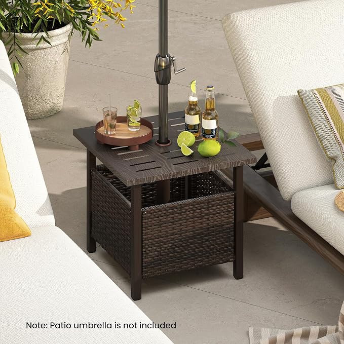 RELAX4LIFE Wicker Outdoor Side Table - Rattan Square Patio End Table with 1.93” Umbrella Hole & Rustproof Frame, Outside Umbrella Stand for Garden Deck Porch Balcony Poolside Backyard