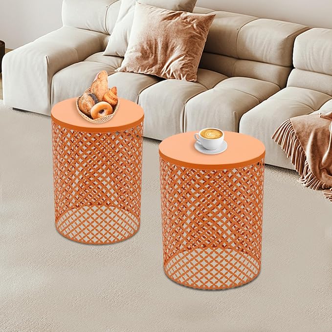 2PCS Outdoor Side Table, Modern End Table Cylindrical Metal Frame Accent Table, Metal Frame Accent Table for Gardens, Balconies, Bedrooms, Living Rooms (Orange)
