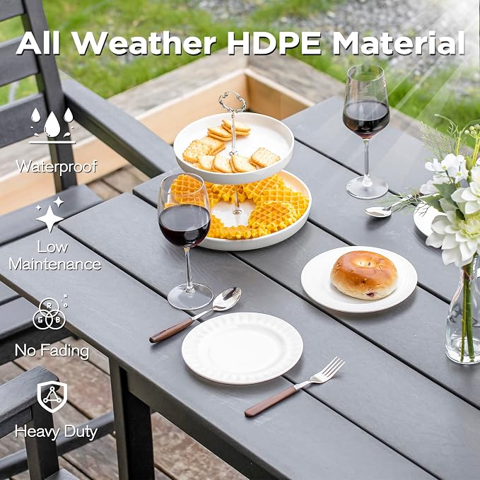 nalone 7-Piece Patio Dining Table Set, HDPE Outdoor Dining Sets with Table and 6 Chairs, Dining Furniture Set with Umbrella Hole (Grey, 7 Pcs)