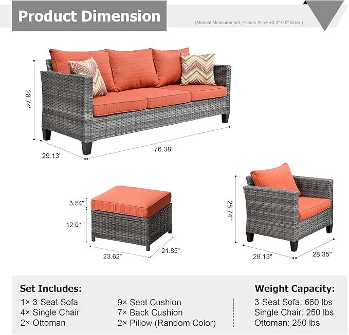 HOOOWOOO Wicker Patio Conversation Sets,7 Piece Outdoor Furniture Set with Ottoman,All Weather Resistant Modern Outside Out Door Rattan Couch Chairs Set,Orange Red