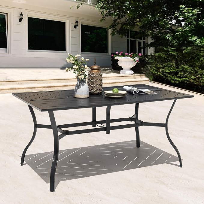 NUU GARDEN Outdoor Rectangle Dining Table, 61'' x 37'' Splice Tabletop with 1.77'' Umbrella Hole, Powder-Coated Iron Frames, for Outdoor or Indoor Space, Patio, Deck, Garden, Backyard, Kitchen, Black
