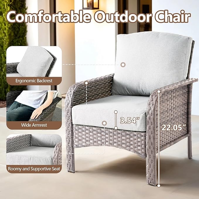 3 PCS Outdoor Patio Furniture Set with Side Table, All-Weather Rattan Wicker Outdoor Conversation Set with Thickened Cushions for Balcony Backyard Garden Lawn,Grey