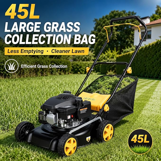16 Inch Gas Lawn Mower 132CC 4-Stroke Push Lawn Mower with 8-Position Height Adjustment, 45L Grass Bag, 15.75 Inch Cutting Width, Walk Behind Grass Cutter for Yard Garden Orchard Lawn Care