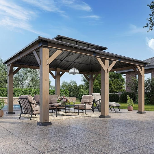 Aoxun 12' x 20' Outdoor Wood Gazebo, Hardtop Gazebo Permanent Wooden Pavilion with Galvanized Steel Double Roof, for Patio, Garden, Yard, Cedar Wood, Grey
