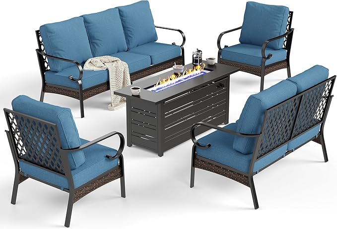 5 Piece Metal Outdoor Patio Furniture Sets with Firepit Table, Patio Conversation Sets 1 3-Seater Sofa, 1 Loveseat, 2 Single Sofa with 5.75" Cushion for Backyard Deck, Denim Blue