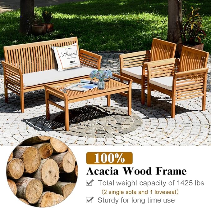 4 Piece Outdoor Acacia Wood Sofa Set w/Removable & Washable Cushions, Slatted Design, Patio Conversation Table Chair Set for Deck, Porch, Lawn, Poolside, Backyard (1)
