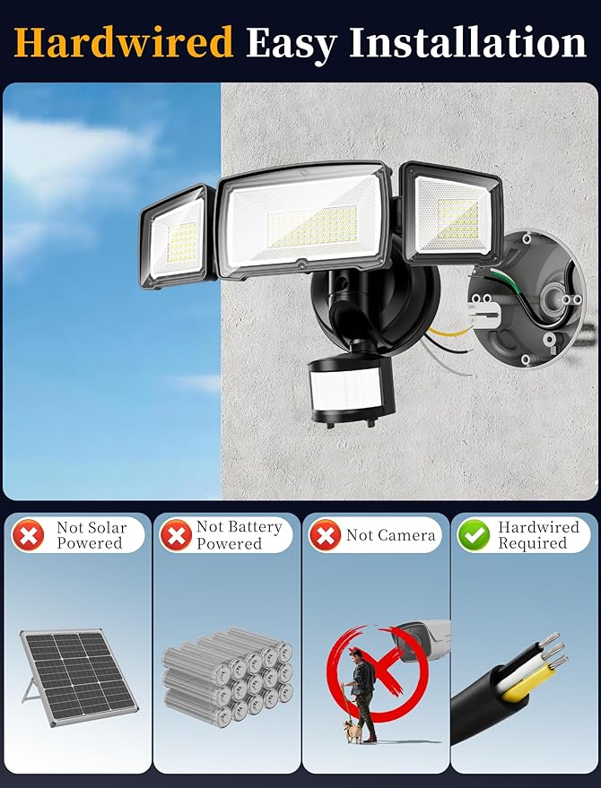 100W 11000LM Security Lights Outdoor with Remote Control, 6500K Daylight LED Flood Light, IP66 Waterproof, Dusk to Dawn Outdoor Lighting, 3 Head Motion Detected Outdoor Lights for Garage, Yard