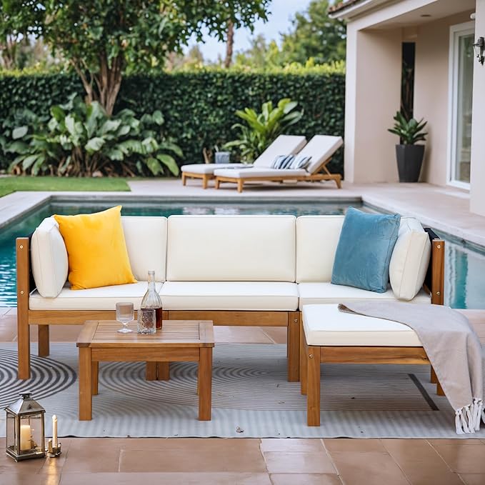 Greesum 5 Pieces Patio Furniture Set Acacia Wood Outdoor Conversation Sets with Tea Table for Garden Porch and Backyard, Beige