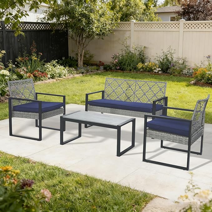 COOS BAY Haven Lounge 4 Piece Rattan Patio Furniture Set, Outdoor Wicker Patio Conversation Set for Balcony & Backyard, Light Gray/Blue