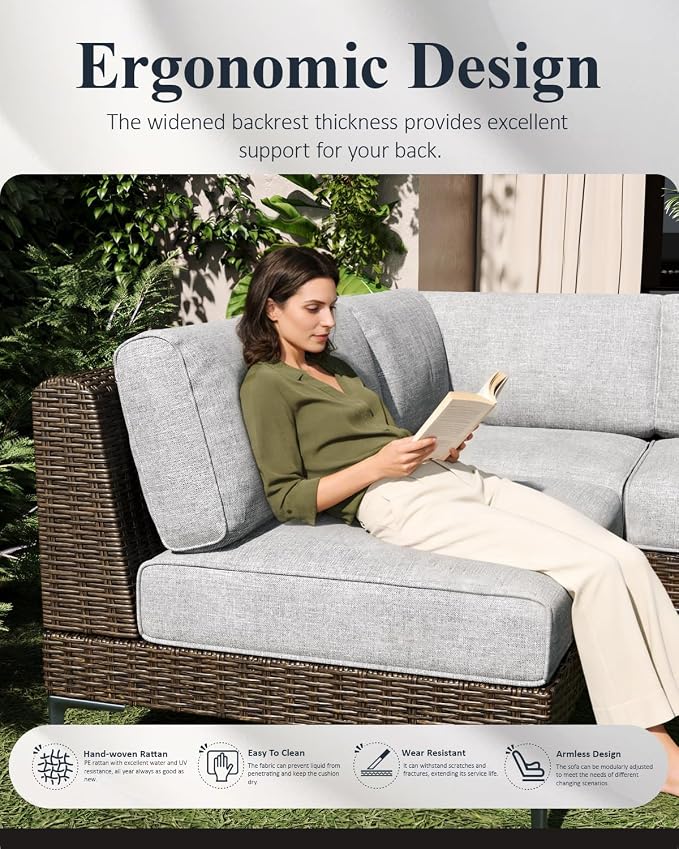 LayinSun 7-Piece Wicker Rattan Patio Furniture Set, Deep Seating Outdoor Modular Sectional Sofa Conversation Set with Thick Cushions for Lawn, Garden