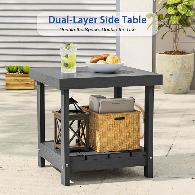 2-Tier HDPE Outdoor Square Side Table, Heavy-Duty Patio Side Table with Storage Shelf, Weather-Resistant Adirondack End Tables for Backyard, Pool, Porch, Garden, Lawn, Grey
