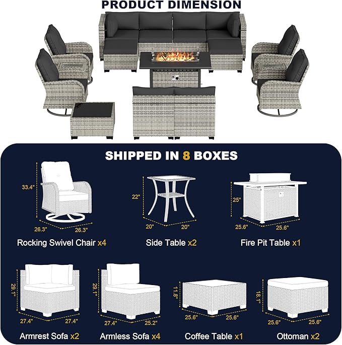 16-Piece Outdoor Patio Furniture Set with Rocking Swivel Chair, Wicker Rattan Sectional Sofa Conversation Set with 55,000 BTU Fire Pit Table with Ottomans, Backyard Furniture, Dark Grey