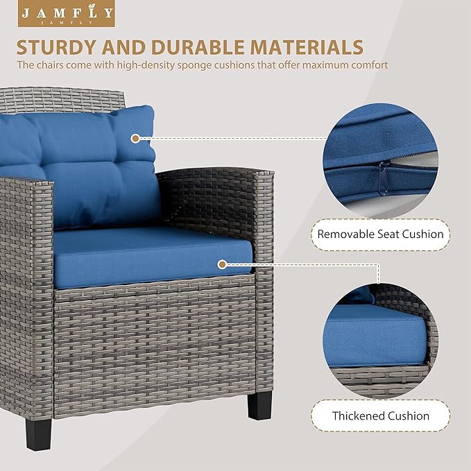 JAMFLY 3 Piece Wicker Patio Furniture Set - Space Saving Outdoor Rattan Conversation Set with Soft Cushions & Glass Coffee Table for Balcony, Porch, Small Backyard - All Weather Blue Bistro Set
