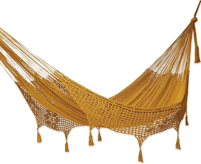 NOVICA Artisan Handmade Cotton Rope Hammock Amber Brown Tasseled from Mexico Solid Maya 'Veranda in Honey'(Double)