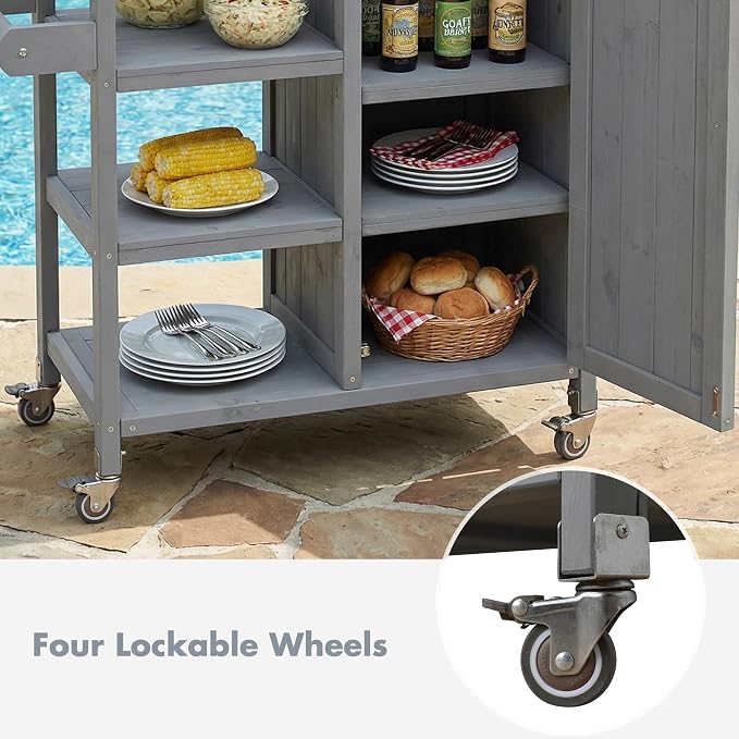 Fold-able Outdoor Storage Box with Stainless Steel Worktop, Fir Wood Patio Storage Cabinet with Lockable Wheels and Towel Rack, 40 Inch Deck Box for Grilling and Garden Tools, Grey