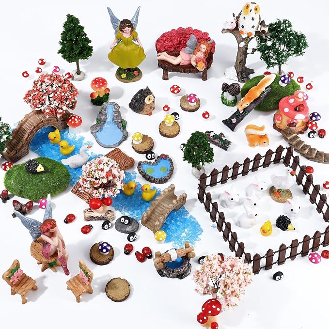 109 Pcs Fairy Garden Accessories Miniature Fairy Figurines Kit | Mini Resin Animals Garden House Supplies Outdoor Decor for DIY Dollhouse