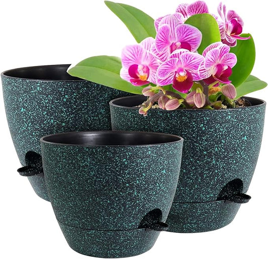 WSMKSZ 12/10/9 inch Large Self Watering Pots, Planter, Plant Pots with Mesh Drainage Holes for Indoor Outdoor Garden Plants, Plastic Flower Pots with Deep Reservoir, Black with Green Speckles