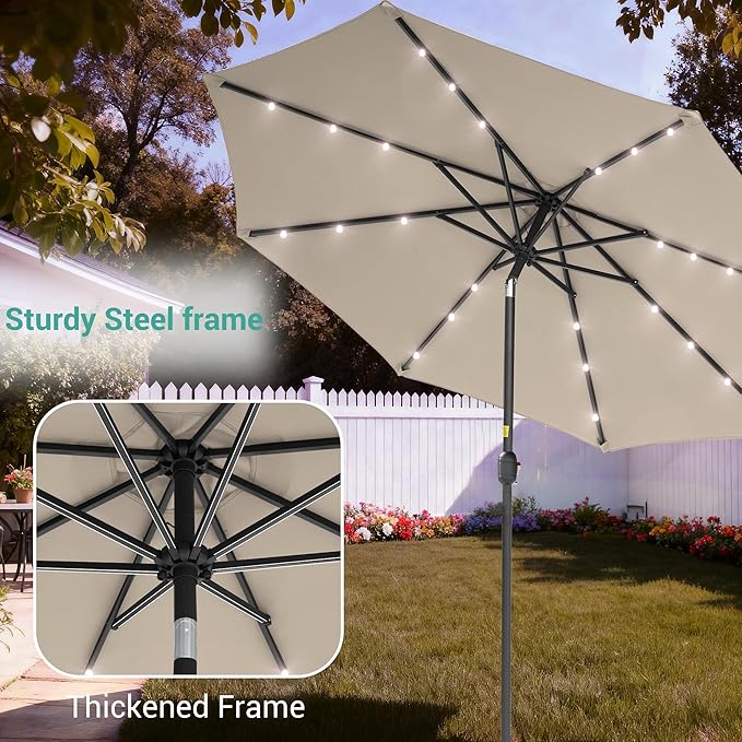 9ft Patio Umbrella Outdoor with Solar Lights,32 LED Lighted Table Market Umbrella with Tilt and Crank, 2-Year-Non-Fading, 8 Sturdy Ribs,for Pool, Deck, Garden,Backyard
