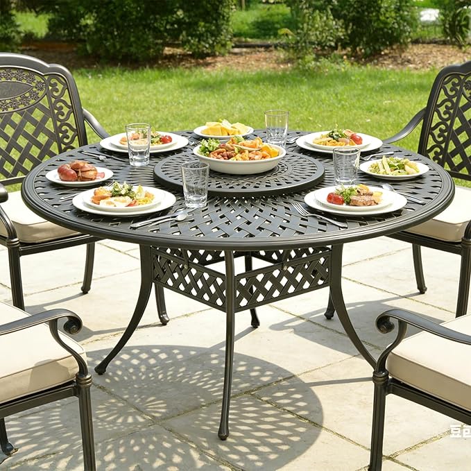 MEETWARM Outdoor 61" Round Patio Dining Table with Detachable Lazy Susan, All Weather Cast Aluminum Large Patio Furniture Table Set for 8 Seat with 24" Rotating Tray, Umbrella Hole, Dark Bronze