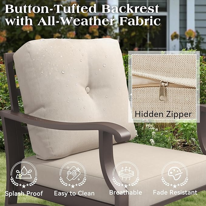 4 Piece Patio Furniture Set, Metal Outdoor Conversation Set w/3-Seat Sofa, 2 Rocking Swivel Chairs, Side Table, Patio Bistro Set w/5" Thickened Cushions for Porch Yard Poolside, Beige