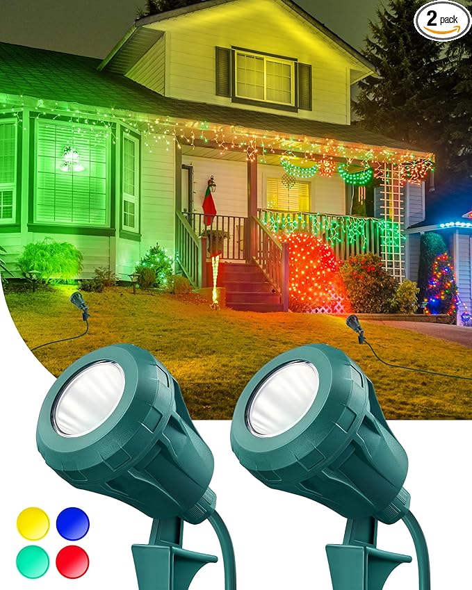 SURAIELEC 2-Pack Christmas Spot Lights Outdoor, 800 LM Waterproof LED Stake Light with 4 Color Lenses (Red, Green, Blue, Yellow), 4000K Landscape Light for Yard, House, 5FT Extension Cord, ETL Listed
