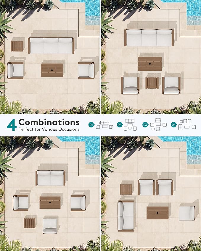 SERWALL HDPE Patio Furniture Set, 7-piece Outdoor Sectional Sofa Set, All Weather Outdoor Couch Set for Deck, Lawn, Brown Frame with Khaki Cushion
