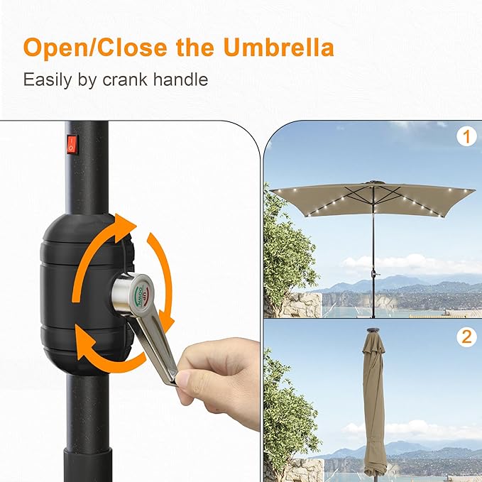 Rectangle Patio Umbrella with Solar Lights, 6x9ft Outdoor Rectangular Table Market Umbrella Patio with Push Button Tilt and Crank for Pool, Deck, Garden,Backyard
