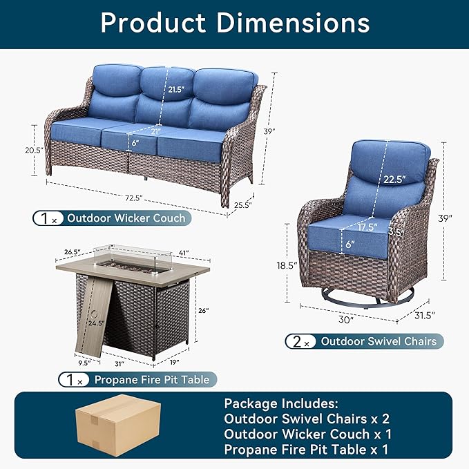 Luxury Patio Furniture Set with Fire Pit Table-4 Pieces High Back Wicker Swivel Rocker Chairs with 6" Extra Thick Cushions, Outdoor Patio Conversation Sets for Porch Deck(Brown/Blue)