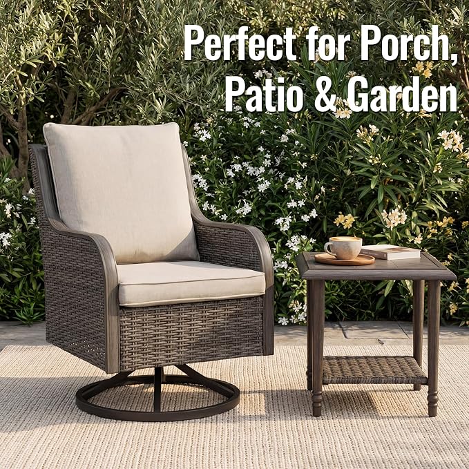 2 Pieces Patio Furniture Sets-Swivel Patio Chairs with High Back Cushions and Wicker Outdoor Side Table,All Weather Patio Conversation Set for Garden Backyard Porch Deck