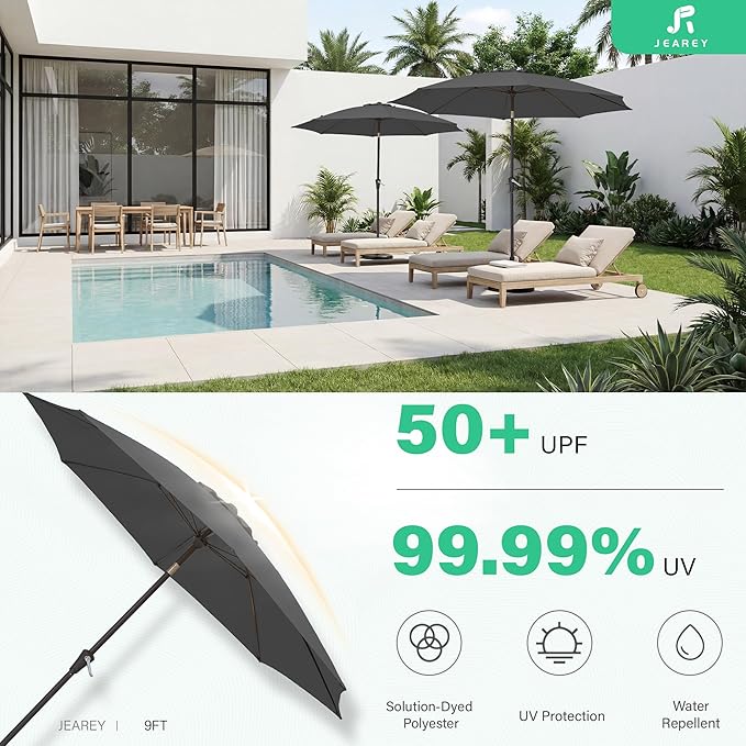JEAREY 9FT Outdoor Patio Umbrella,Market Table Umbrella with 8 Fiberglass Ribs, Pool Umbrella with Tilt and Crank, UV Protection Lightweight & Wind-Resistant for Lawn, Garden, Deck and Backyard, Gray
