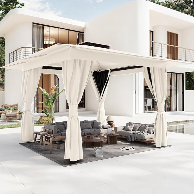 MELLCOM 10'x10' Outdoor Gazebo Kahaki for Patio, Heavy Duty Party Tent with Double Roofs, Outdoor Canopy with Curtains and Nettings for Deck, Lawn and Backyard