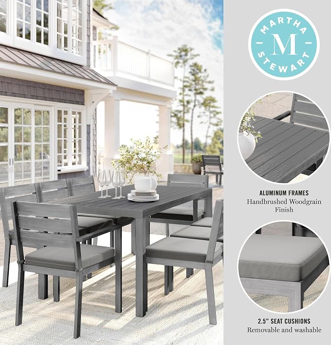 Martha Stewart Bedford 71" Indoor-Outdoor Aluminum Patio Table with Umbrella Hole and Brushed Woodgrain Finish in Brown