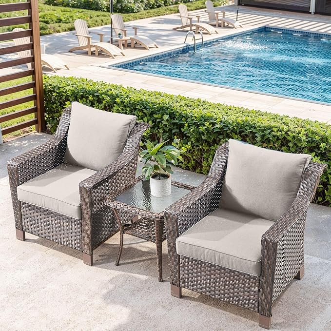3 Pieces Patio Furniture Set-Wicker Patio Chairs Set of 2 with Tempered Glass End Table Outdoor Patio Chairs for Deck Balcony Poolside Backyard-Brown/Beige