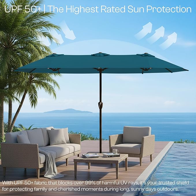 15FT Large Patio Umbrella with Base, Double Sided Rectangular Outdoor Umbrella with Sturdy Fiberglass Ribs, UPF 50+ Sun Protection, Wind-Resistant, Waterproof Fade-Resistant Fabric for Pool, Garden, Backyard, Deck(Lake Blue)