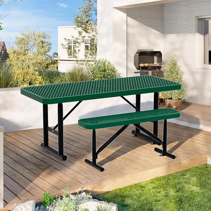 6FT Picnic Tables for Outdoors, Green Rectangular Heavy Duty Commercial Picnic Table with Umbrella Hole,Weather-Resistant Camping Table Dining Table for Backyard, Patio, Garden, Shops, Parks
