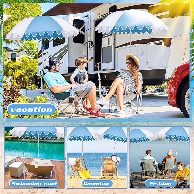 Abbylike 2 Pcs Scalloped Chair Umbrella with Universal Adjustable Clamp 38'' Portable Wheelchair Umbrella UPF 50+ Camping Chair Parasol with Bag for Outdoor Patio Lawn