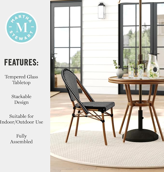 Martha Stewart Lily Pond 31” Round Indoor-Outdoor Bistro Dining Table with Aluminum Frame in Natural Woodgrain and Rattan Top in White/Navy with Tempered Glass Top