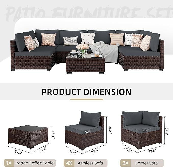 UPHA 7 Pieces Patio Furniture Sets, Wicker Outdoor Sectional Sofa Couch with Coffee Table, Patio Conversation Set for Deck Backyard Garden, Brown Rattan, Dark Gray Cushion