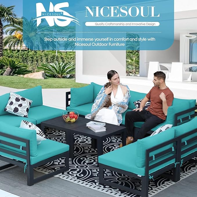 NICESOUL 14 Pcs Aluminum Patio Furniture Set for Large Groups, 500lbs Heavy Duty Outdoor Sectional Sofa with Coffee Table, L Shaped 29" Deep Wide Seating Conversation Couch for Garden Lawn, Turquoise
