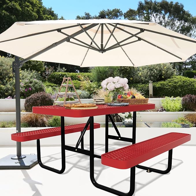 4FT Rectangular Steel Outdoor Picnic Table,Commercial Red Picnic Table Bench Set with Umbrella Hole, Weather-Resistant Heavy Duty School Dining Table for Patio, Garden, Backyard