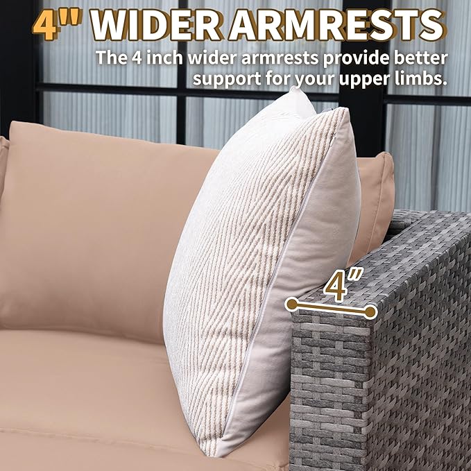 UDPATIO 5 Piece Patio Furniture Set, All-Weather Wicker Outdoor Sectional Sofa, L Shaped Outdoor Conversation Couch with Ottoman, Glass Table for Balcony Porch Backyard, Khaki