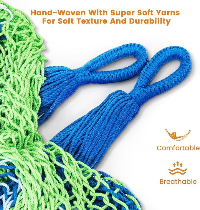 Lazy Daze Hammocks Handwoven Mayan Hammock with Heavy Duty Steel Stand, 10.5 FT Soft Rope Double Hammock for Patio Outside, 550 lbs Weight Capacity, Blue/Green