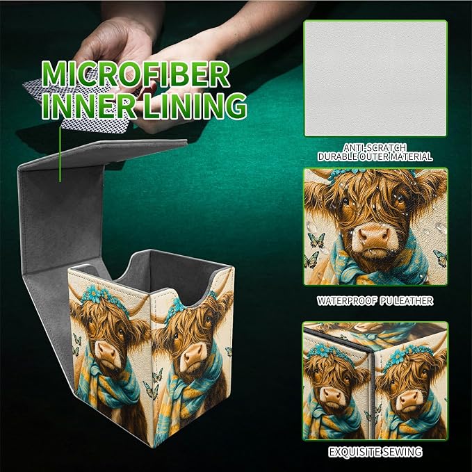 Blue Towel Cow Card Deck Box for MTG, Personalized Card Storage Case Fits 120+ Sleeved Cards, Premium Leather TCG Box with Strong Magnetic Closure for Magic, CCG, PTCG, Baseball Cards
