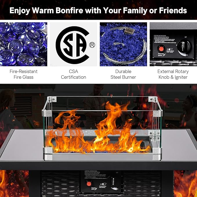 FHFO 5 Piece Outdoor Patio Furniture Set with 28”Gas Fire Pit Table & Ice Bucket Storage Box, Outdoor Wicker Rattan Patio Conversation Set for Outside, Poolside, Balcony, Porch, Brown-Blue