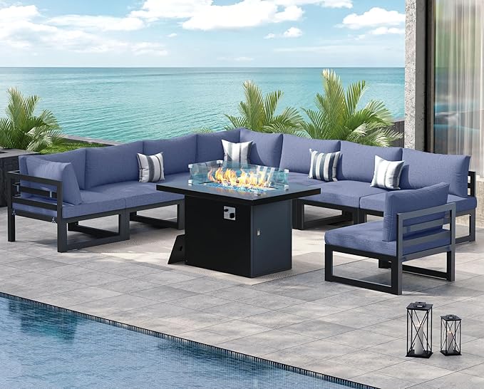 NICESOUL 8 Seat Modern Aluminum Patio Furniture Set with Fire Pit Table, 500 lbs Heavy Duty Outdoor Sectional Sofa, 29" Deep Wide Oversized Seating, L Shaped Conversation Couch for Deck, Denim Blue