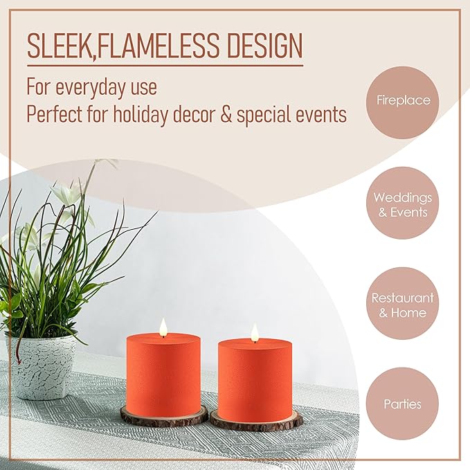 smtyle 4"X4" Orange Plastic Battery Operated Flickering Frosted Flameless LED Pillar Candles with Remote Set of 2 for Decor Home Ambience