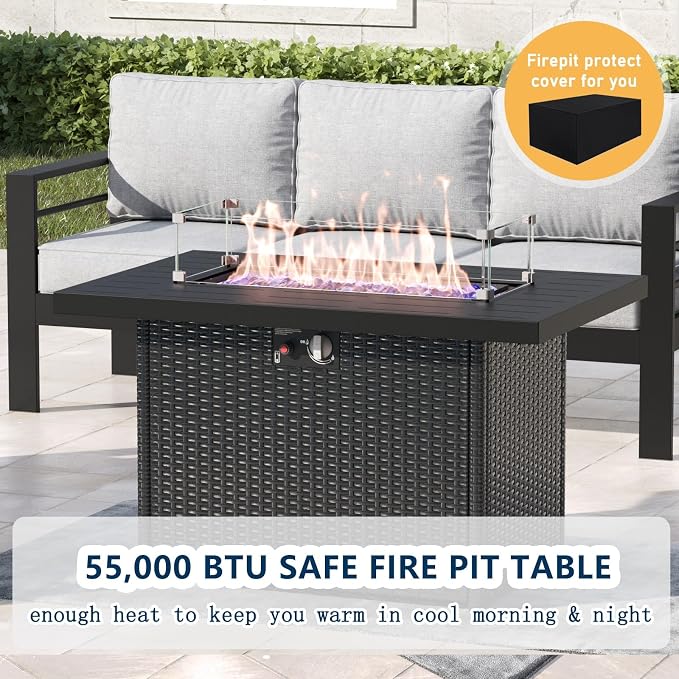 5 Pieces Aluminum Outdoor Patio Furniture Set with Fire Pit Table, Modern Metal Conversation Sofa Set with Deep Seating