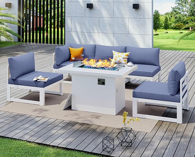 NICESOUL® 6 Piece Modern Large Aluminum Outdoor Patio Sectional Set with Firepits Propane/Natural Gas, All Weather 29'' Deep Wide Modular Conversation Sets, 500lbs Heavy Duty Sectionals, Denim Blue