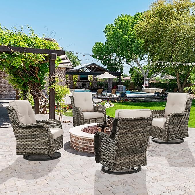 Belord Wicker Chairs 4 PC Outdoor Swivel Rocker Set, Patio Swivel Glider Chairs Set of 4, Grey Wicker Outdoor Furniture with Beige Cushions for Patio Porch Deck Sunroom