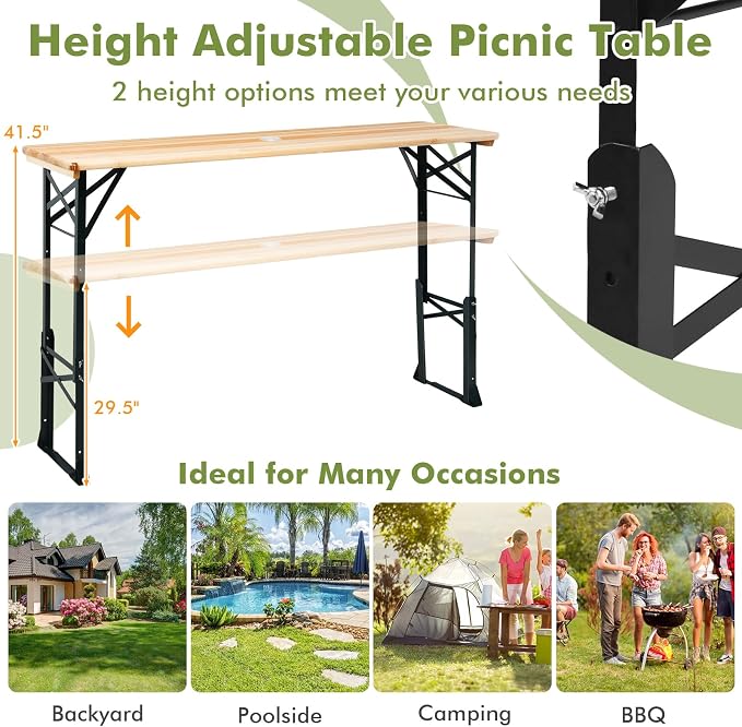 Goplus Folding Picnic Beer Table, 66.5” Outdoor Camping Table with Adjustable Heights, Umbrella Hole and Wood Top, Rectangular Portable Picnic Table for Patio Garden Party Backyard, No Assembly
